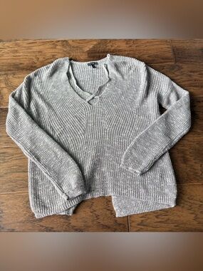 Express Gray Cable Knit V-Neck Sweater with Lace-Up Detail
